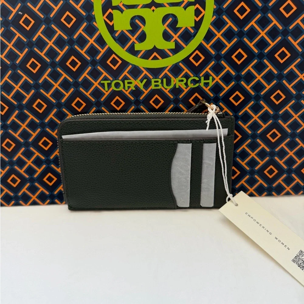 Tory Burch Blake Zip Card Case Basil Gold Green